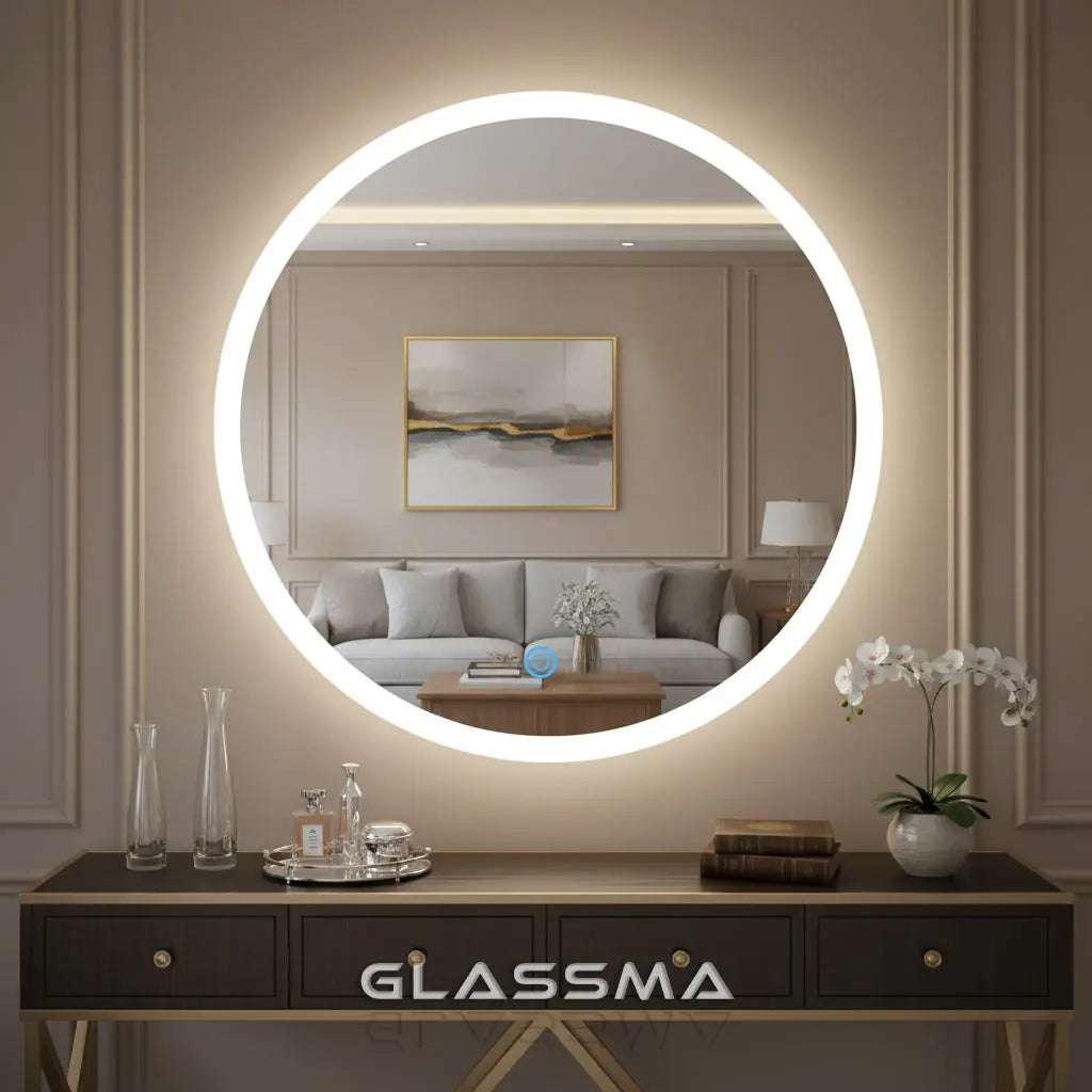 Border Illuminated Round LED Bathroom Mirror | Wall Mounted Dimmable LED Makeup Mirror Glassma